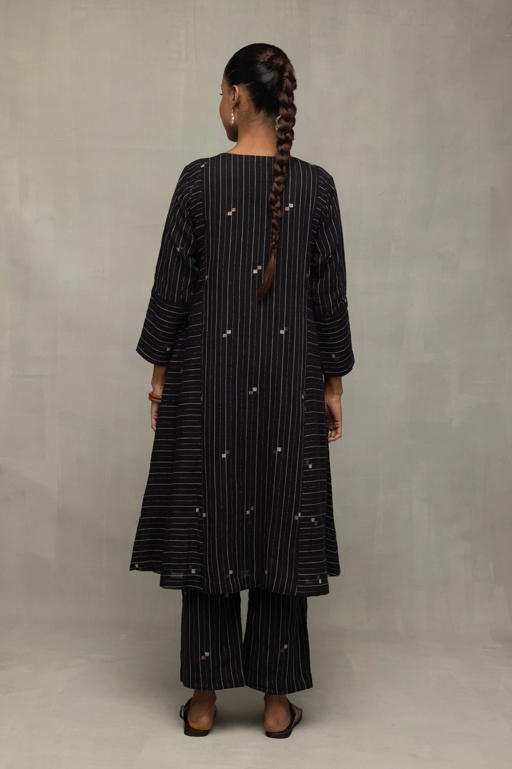 Black Jamdani Co-Ord Set with Metallic Bronze & Silver Motifs