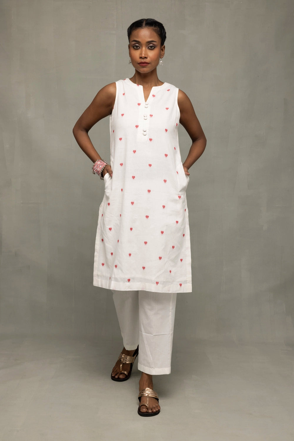 White & Red Hearts South Cotton Kurta Set With Dupatta