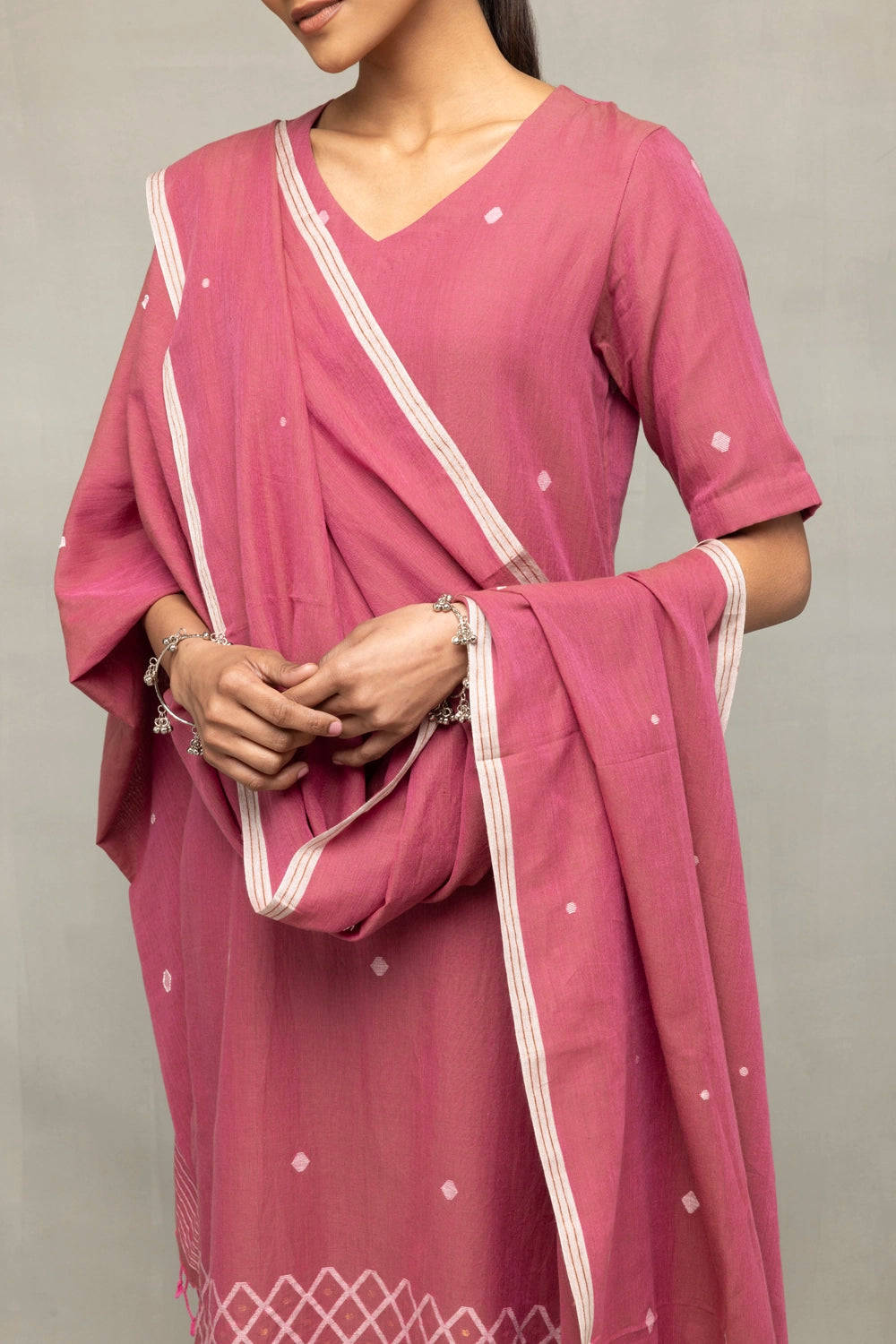 Dusty Rose Cross Motifs Jamdani Kurta Set With Dupatta