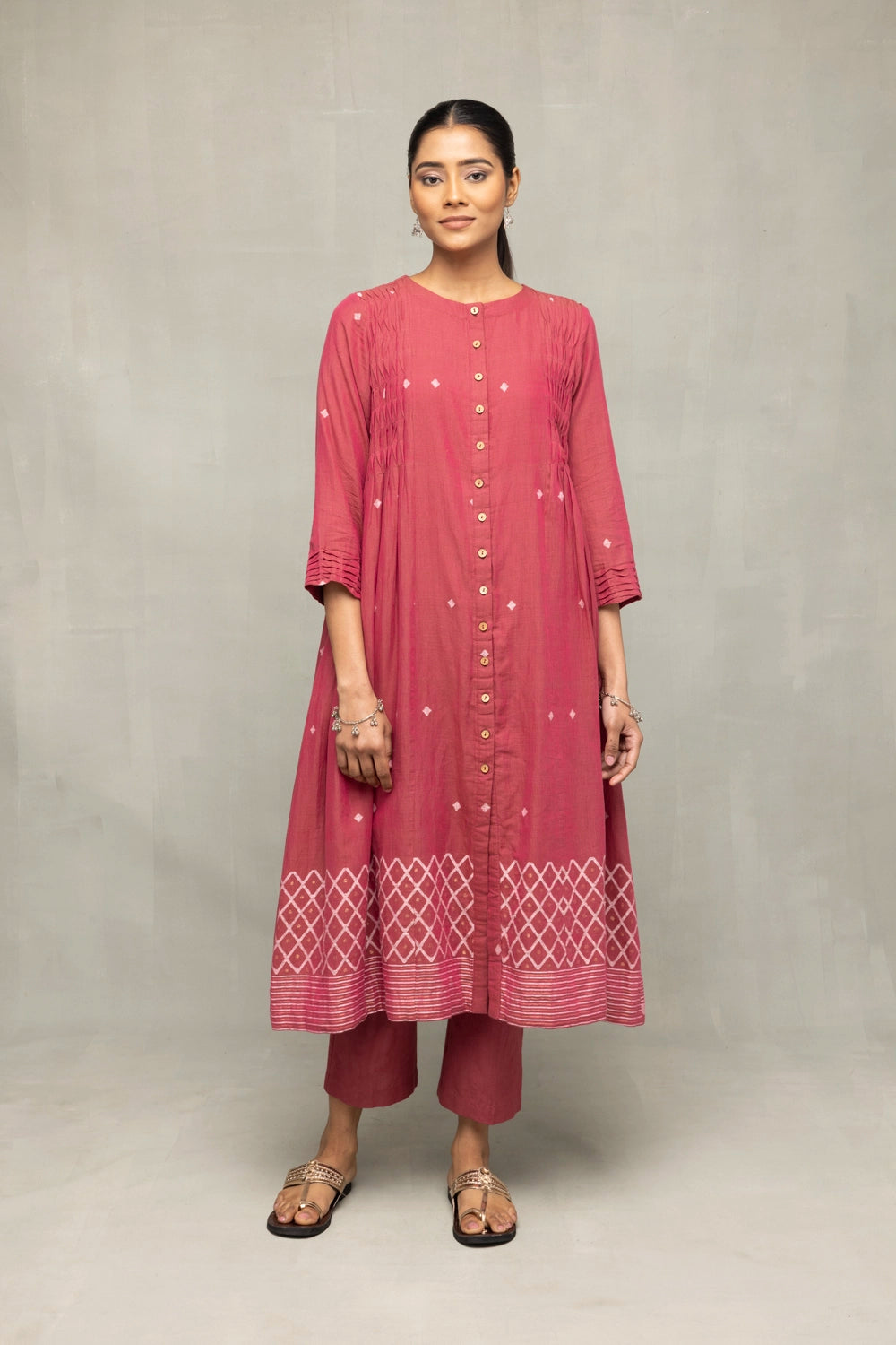 Dusty Rose Pink Cross Motifs Jamdani Kurta Set With Dupatta