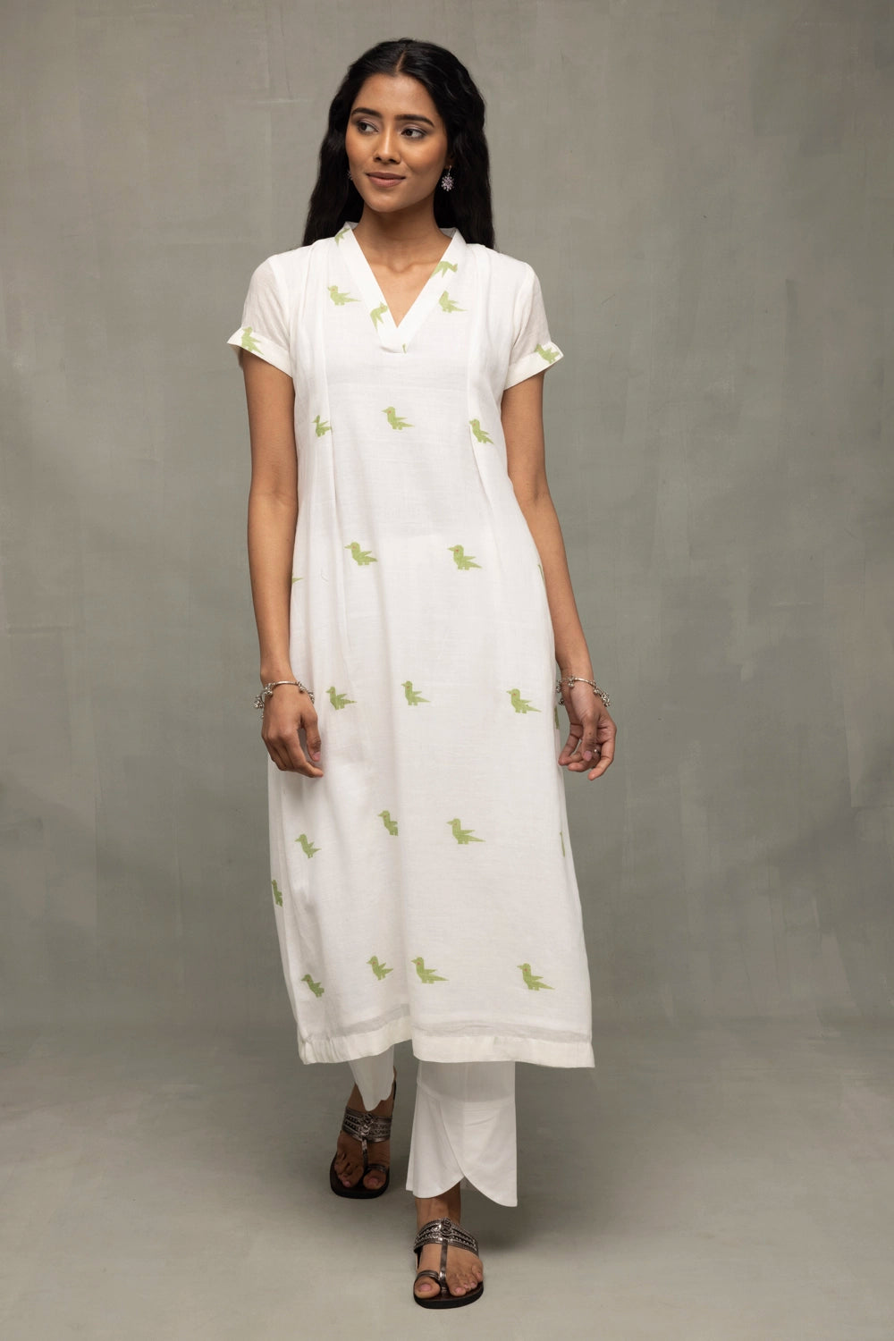 Ivory & Sage Green Bird Motif Jamdani Kurta Set with Dupatta