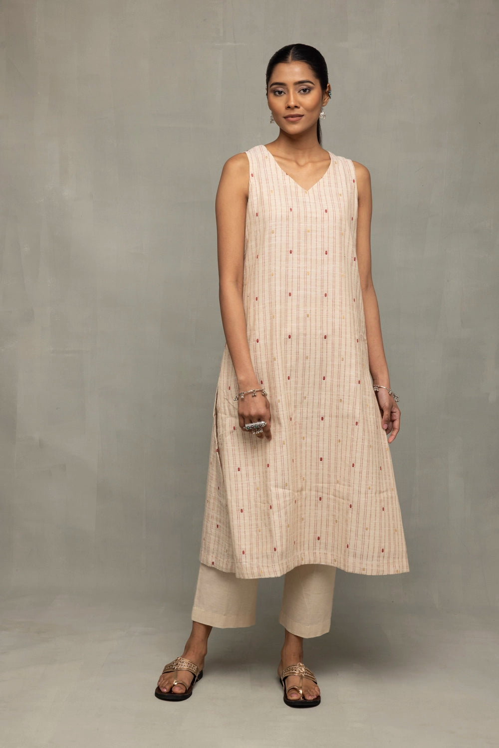 Cream and Pink South Cotton Zari  Kurta Set With Dupatta