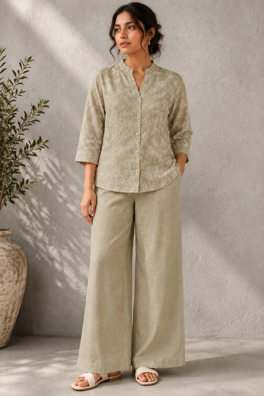 Green Essence Embroidered Linen Co-Ord Set