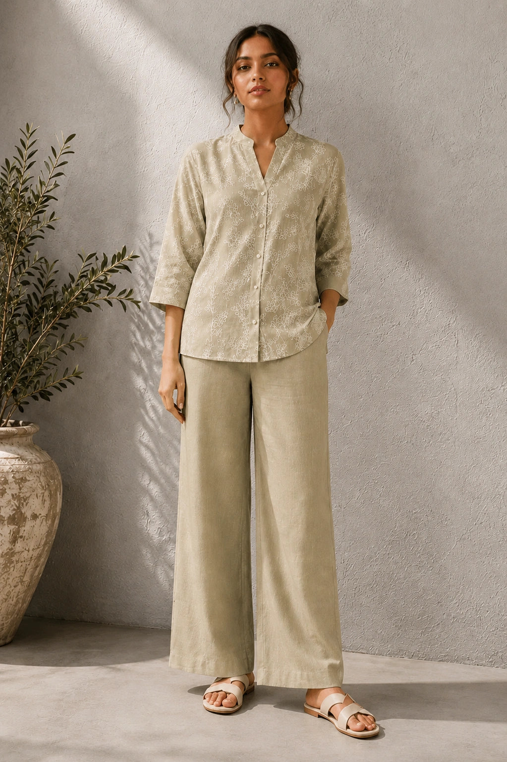 Green Essence Embroidered Linen Co-Ord Set
