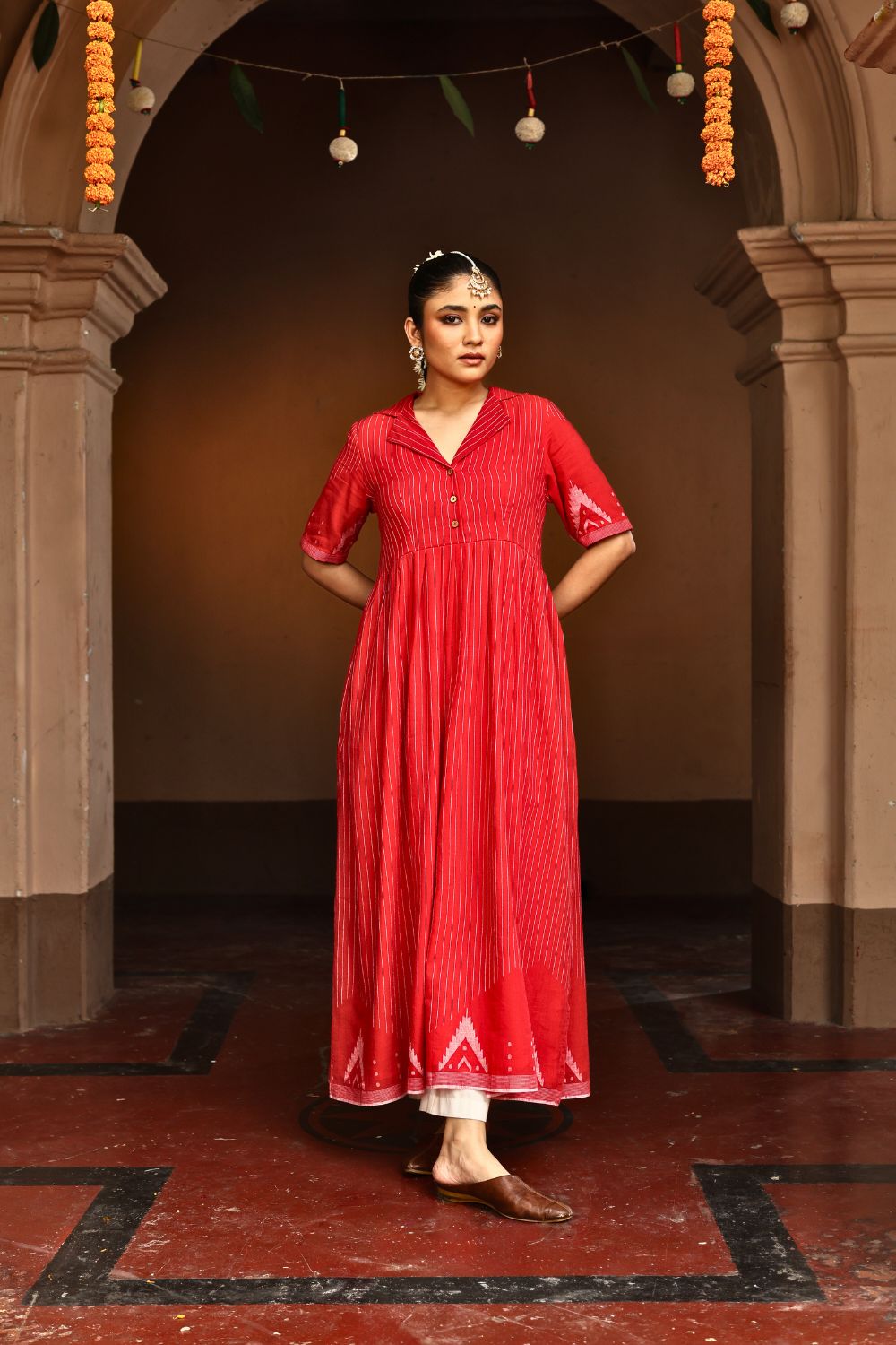 Red and White Temple Jamdani Pujo Kurta Set