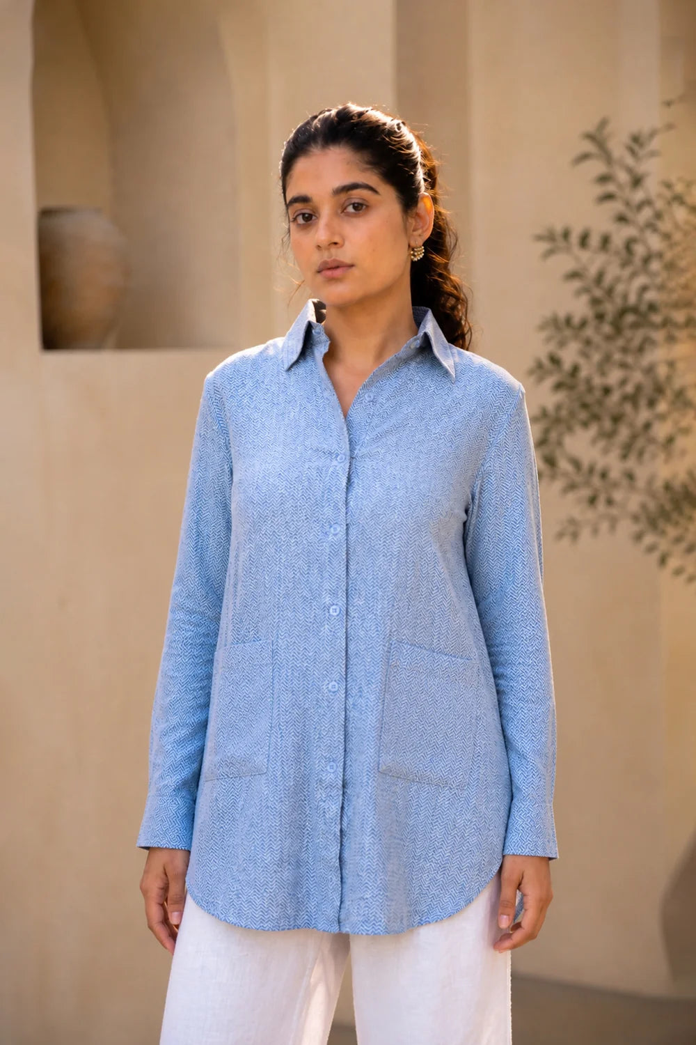 Blue and White Zig Zag Stripes Pure Cotton Shirt