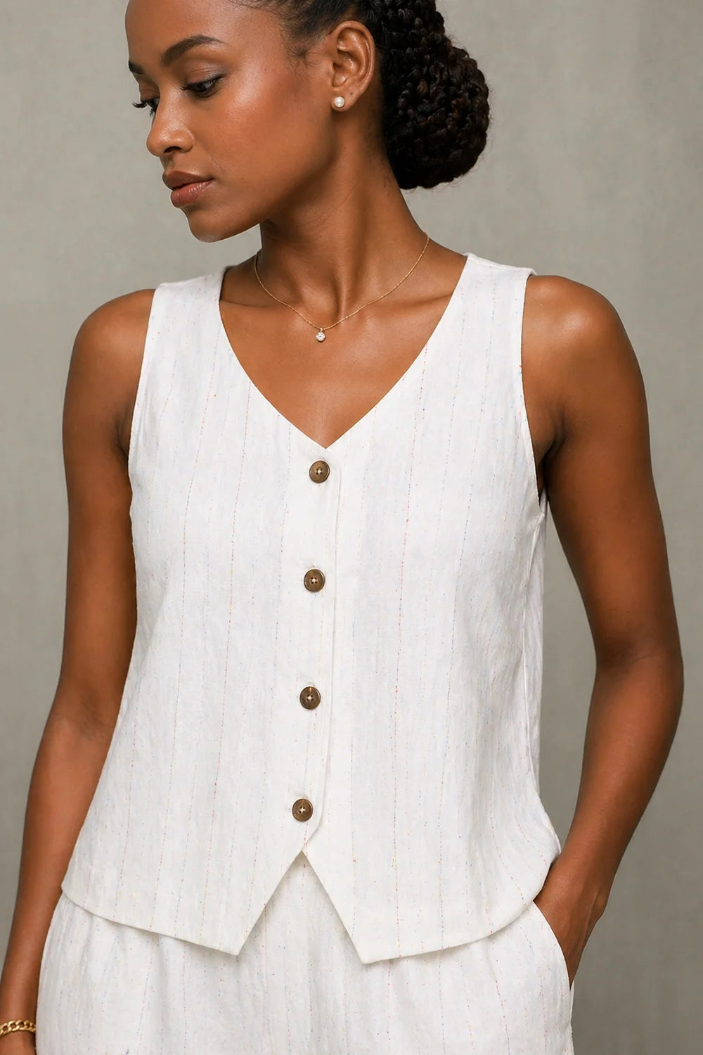 Ivory Cotton Co-ord Set with Button-Down Top & Wide-Leg Pants