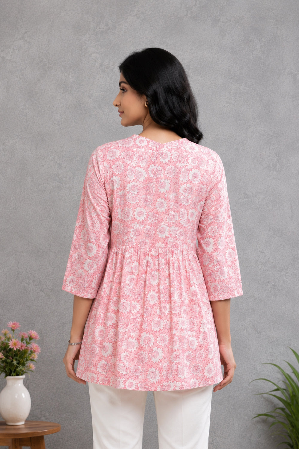 Pink Floral Printed Gathered Tunic Top