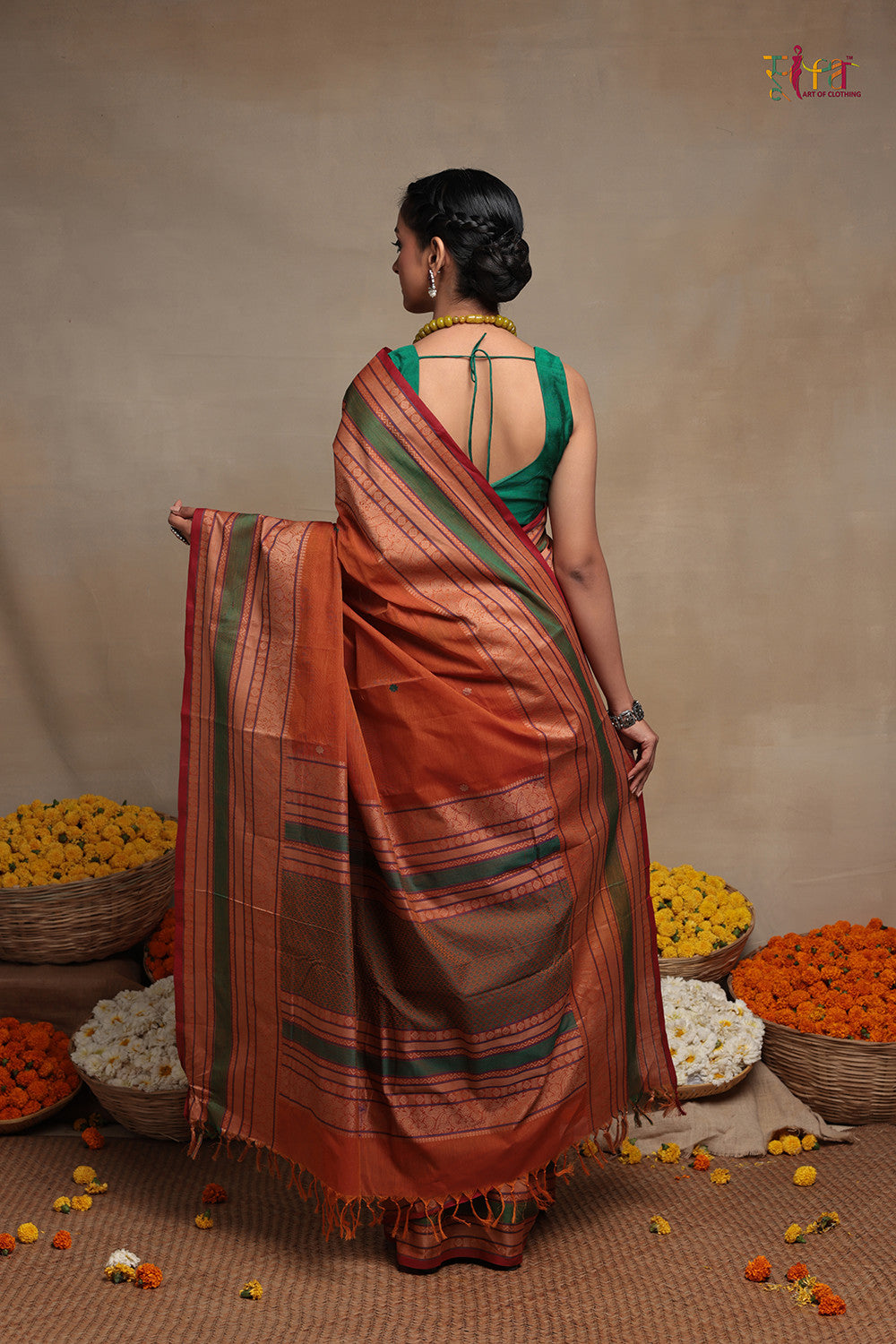 Handloom Bright Orange Kanchi Cotton Saree