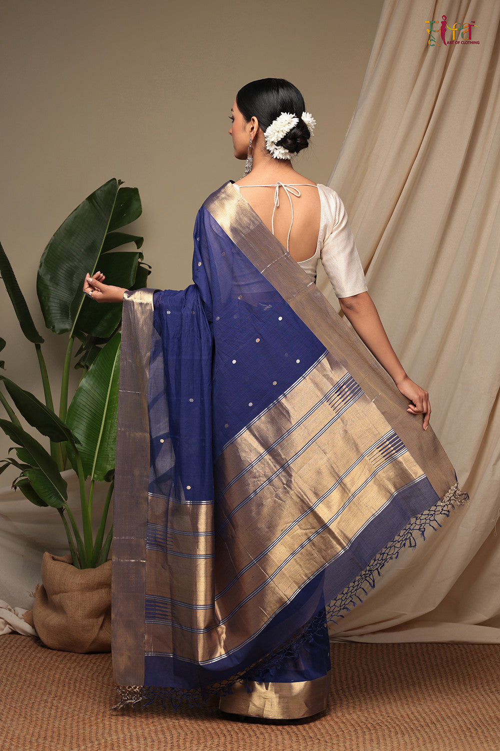 Handloom Berry Blue Pure Cotton Kanchi  Contemporary Saree With Golden Zari Motifs & Border