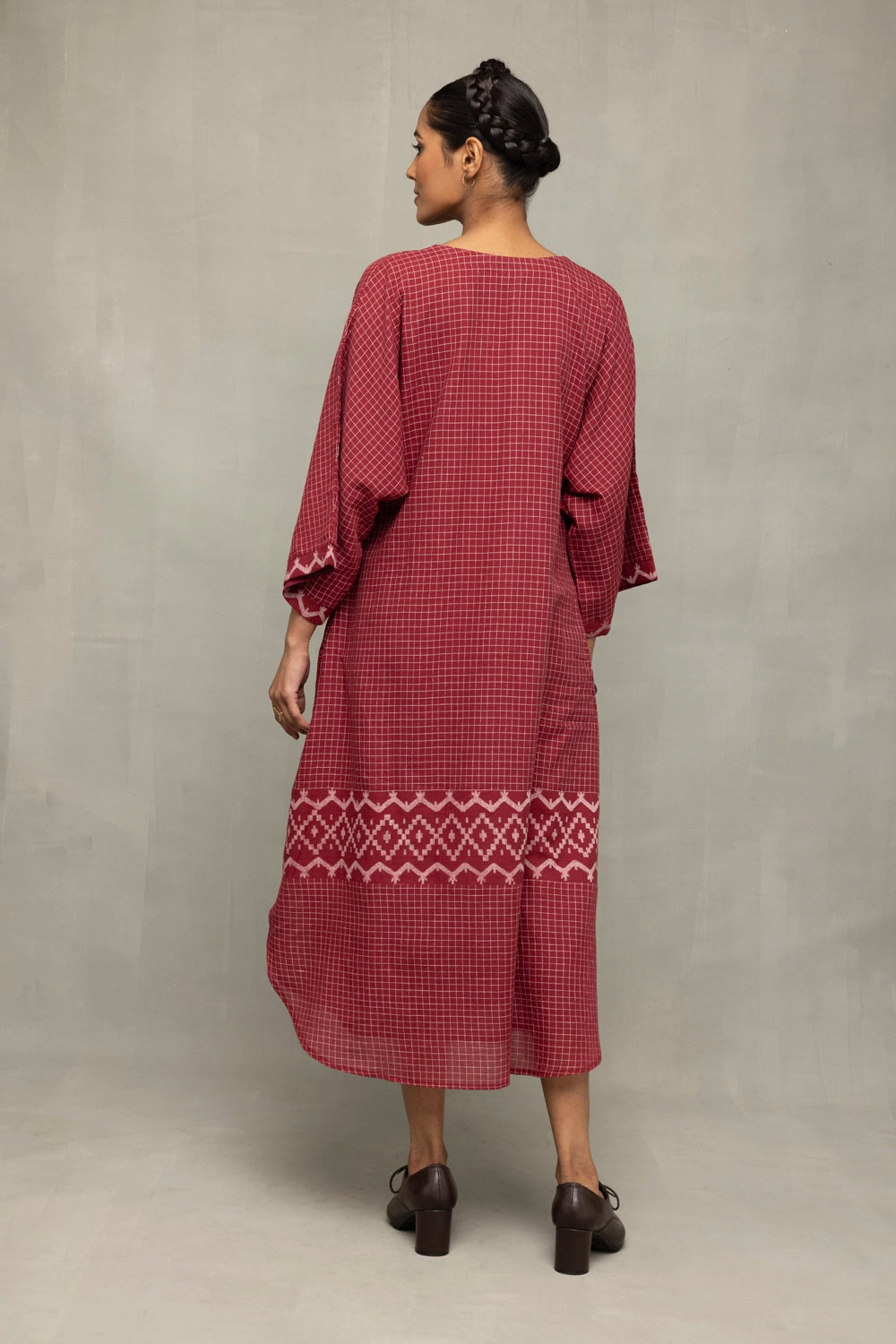 Crimson Checkered Jamdani Kaftan Dress