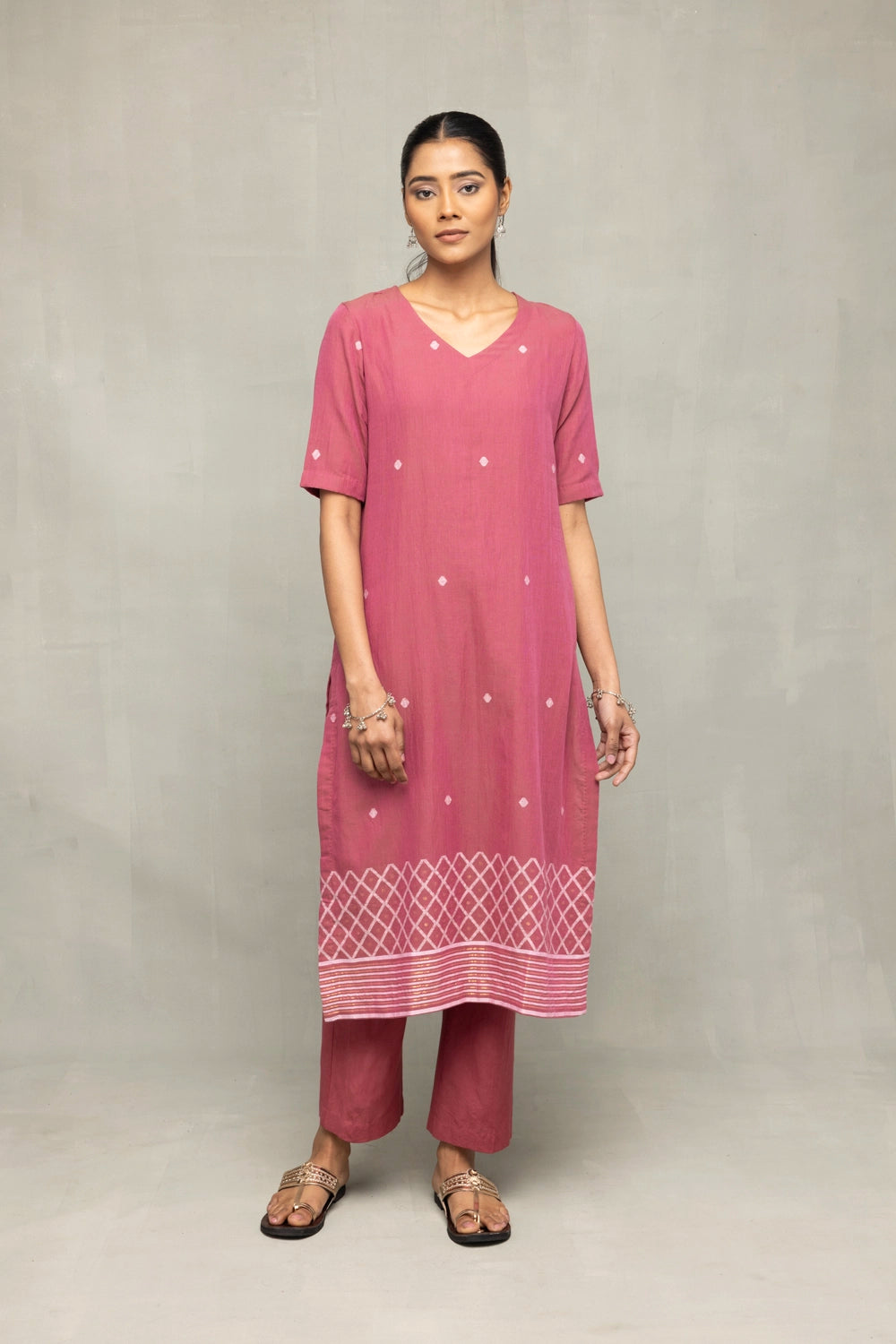 Dusty Rose Cross Motifs Jamdani Kurta Set With Dupatta