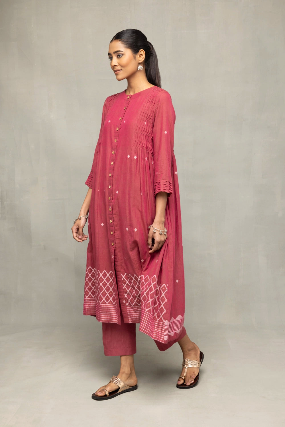 Dusty Rose Pink Cross Motifs Jamdani Kurta Set With Dupatta