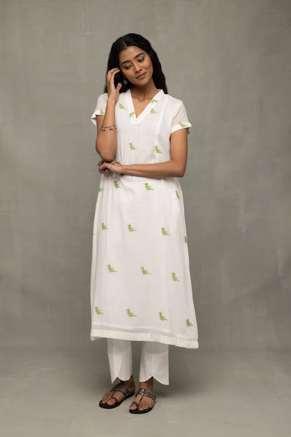Ivory & Sage Green Bird Motif Jamdani Kurta Set with Dupatta