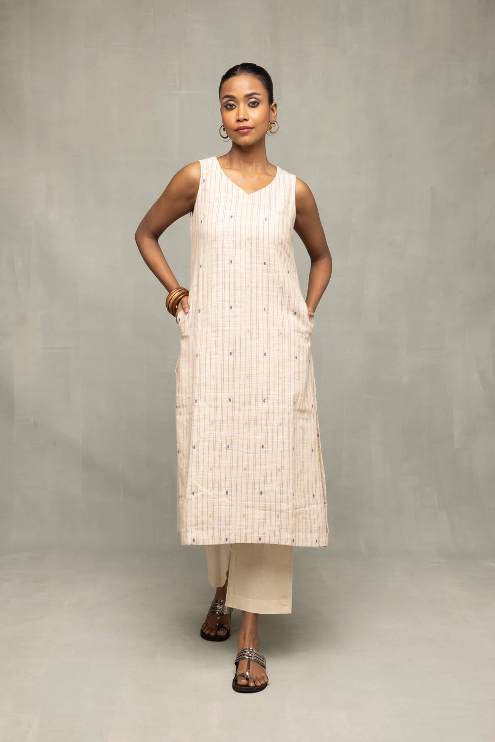 Cream and Mauve South South Cotton Zari Kurta Set with Dupatta