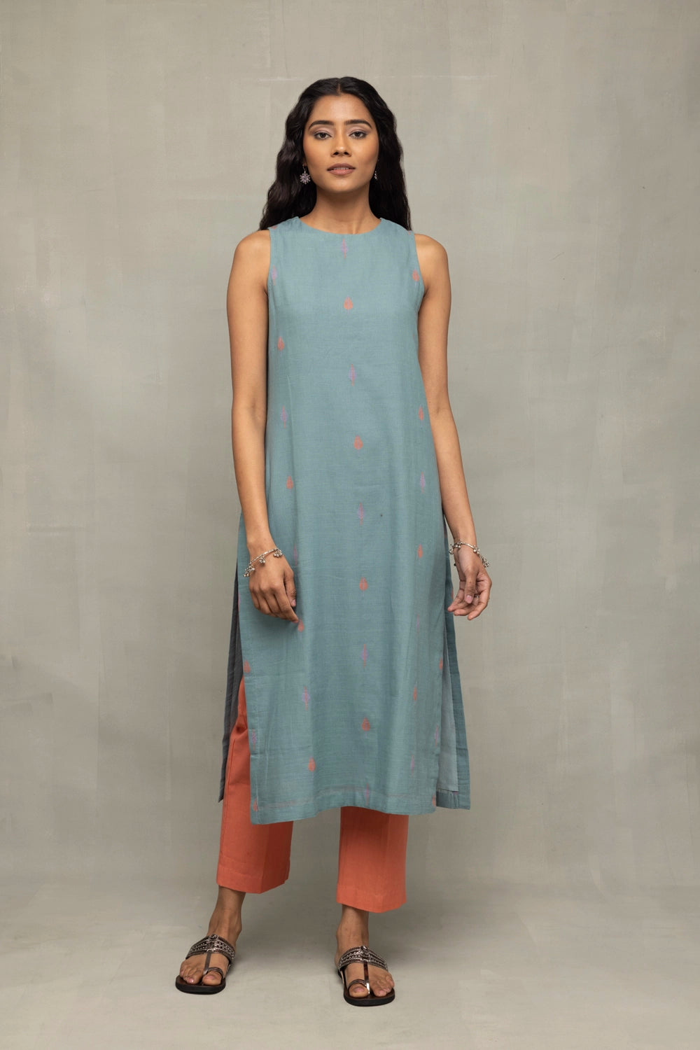 Zen Blue Straight Fit Jamdani Kurta Set with Tangerine Leaf Motif Dupatta