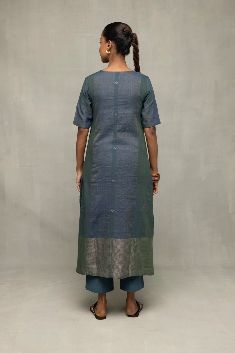 Teal Green Jamdani Kurta Set with Silver Zari Border and Dupatta