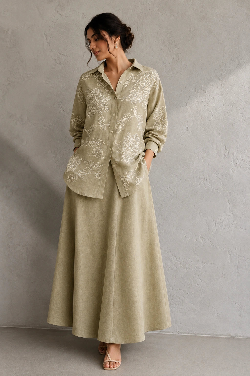 Green Essence Embroidered Linen Skord Set