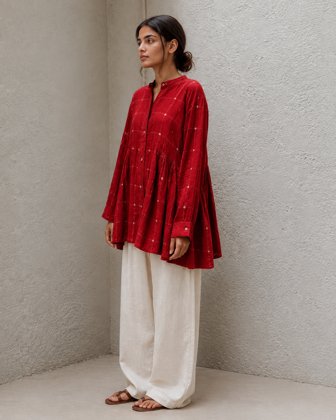 Crimson Red Check Pure Cotton Jamdani Top