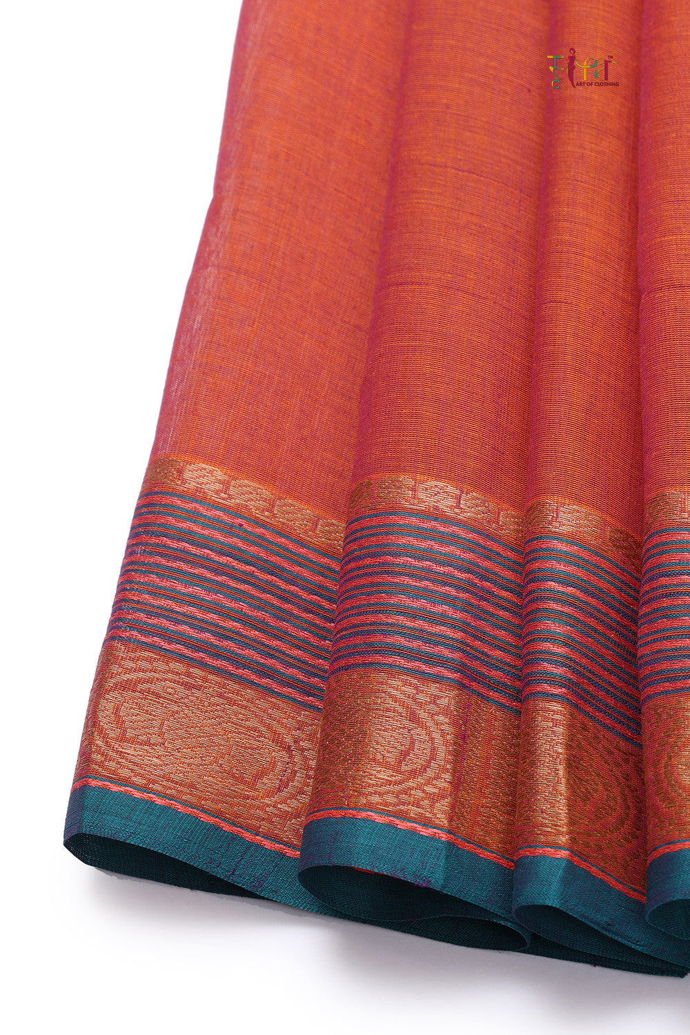 Handloom Fire Orange Pure Cotton Kanchi Saree