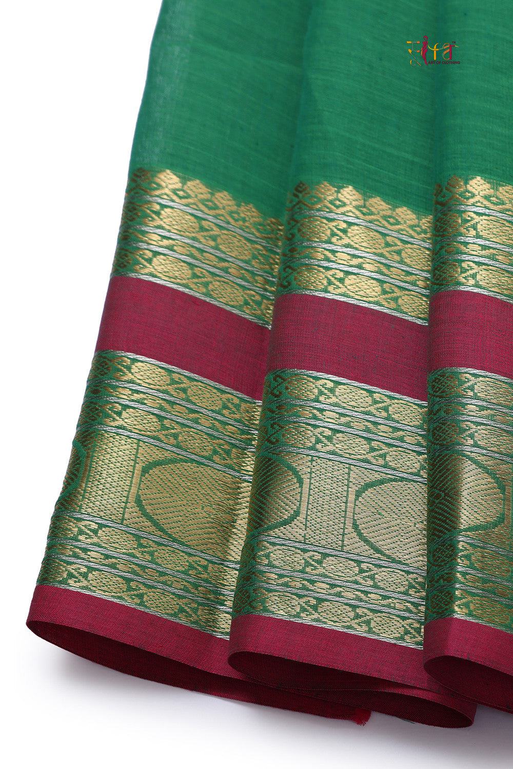 Handloom Forest Green Kanchi Cotton Saree With Exquisite Gold Zari Border & Pallu