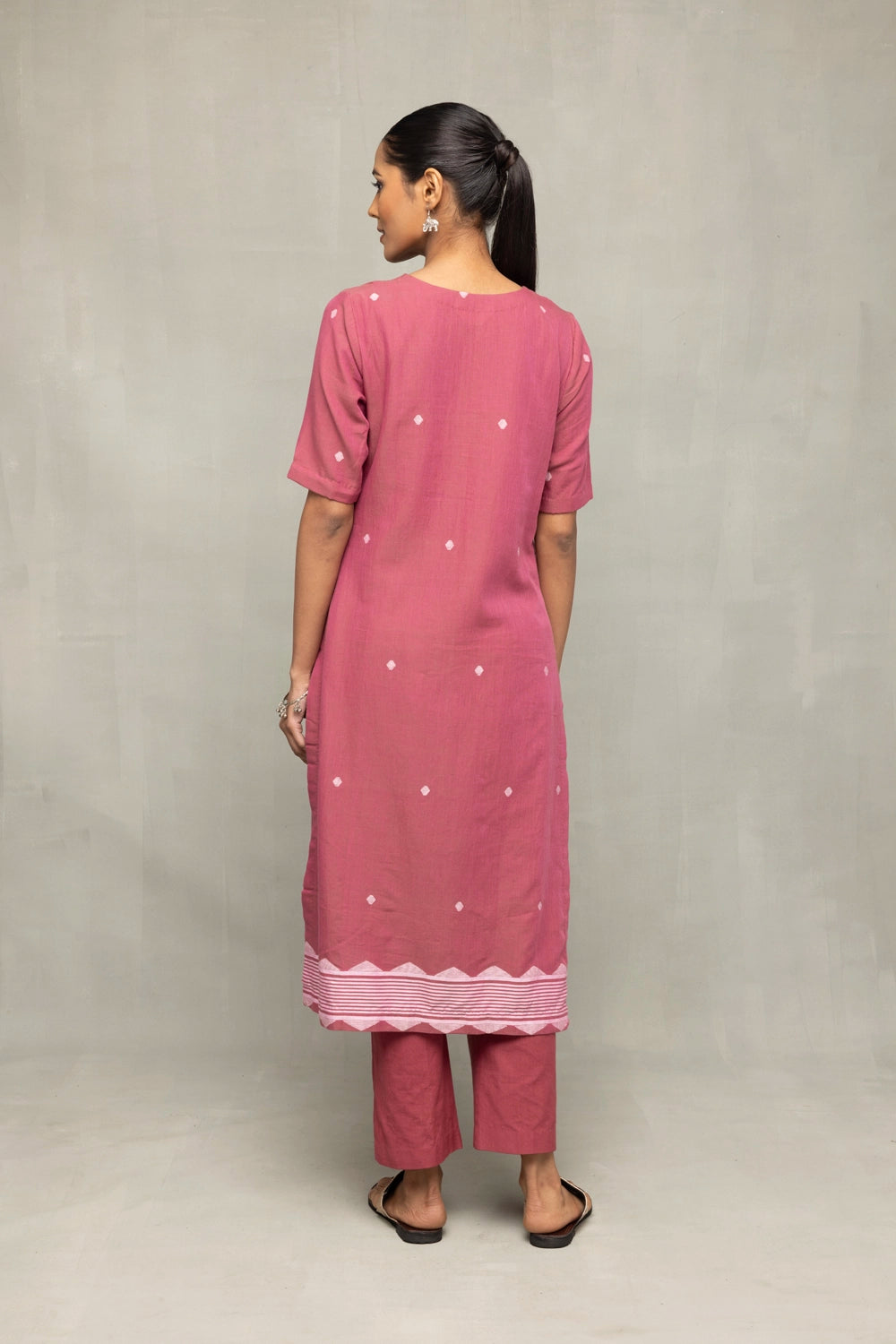 Dusty Rose Cross Motifs Jamdani Kurta Set With Dupatta
