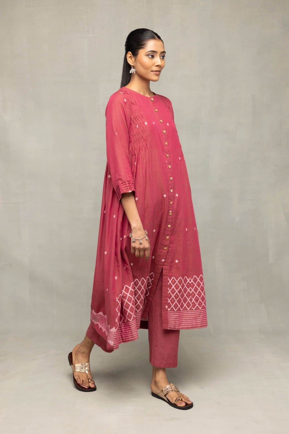 Dusty Rose Pink Cross Motifs Jamdani Kurta Set With Dupatta