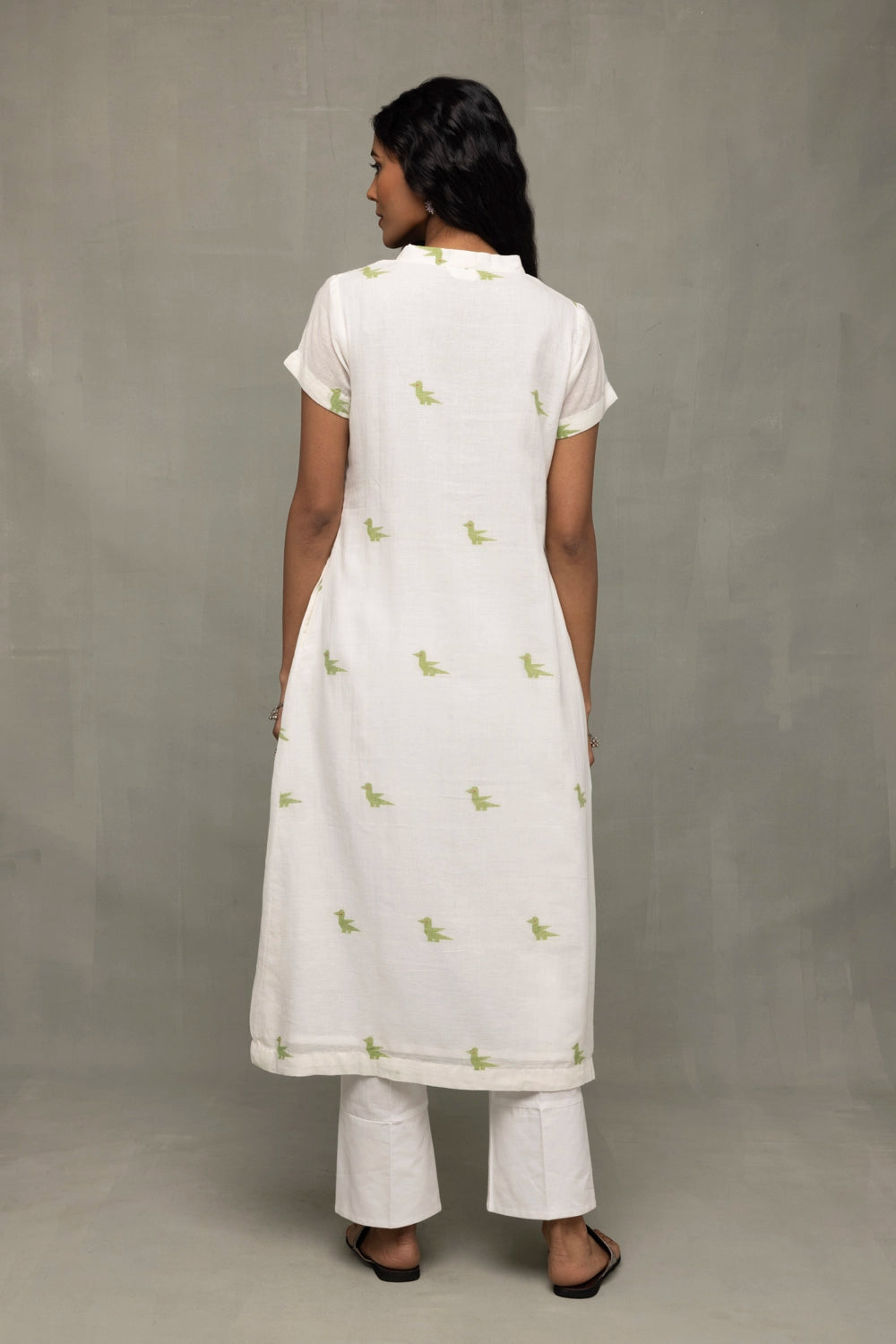 Ivory & Sage Green Bird Motif Jamdani Kurta Set with Dupatta