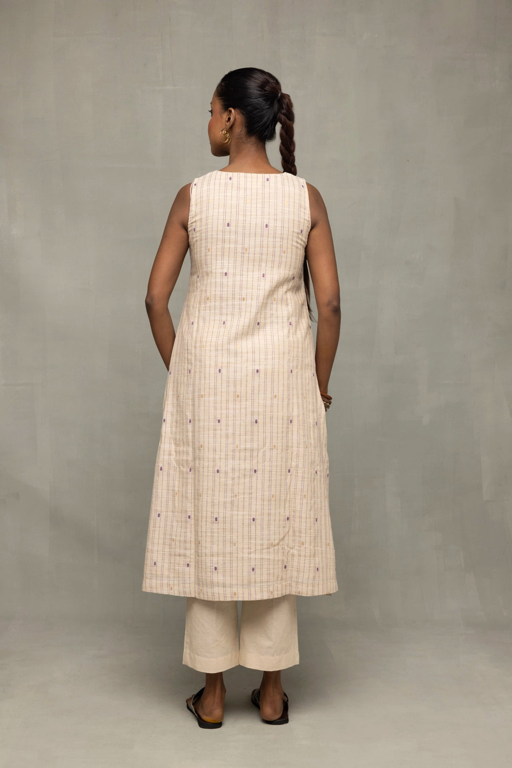 Cream and Mauve South South Cotton Zari Kurta Set with Dupatta