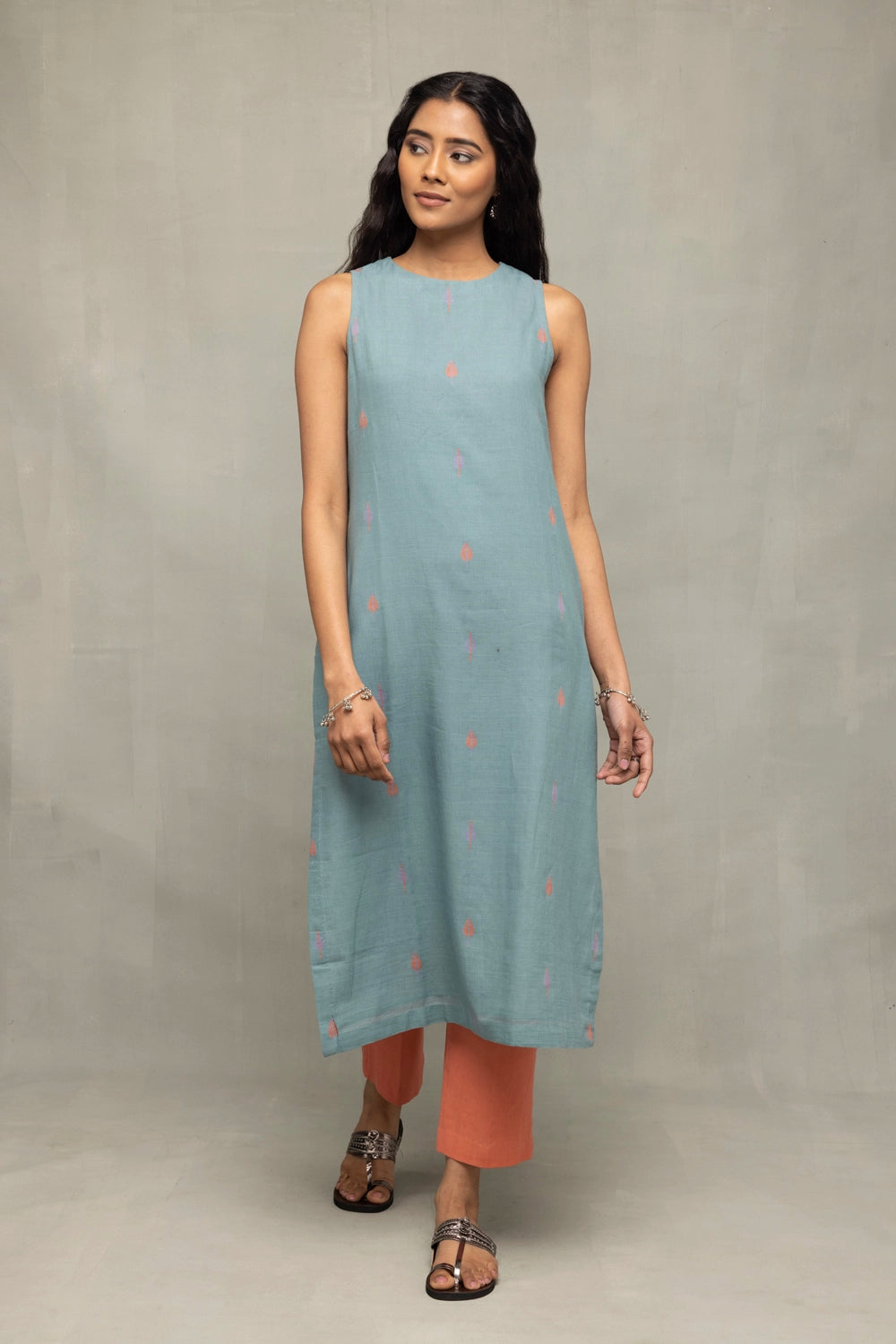 Zen Blue Straight Fit Jamdani Kurta Set with Tangerine Leaf Motif Dupatta