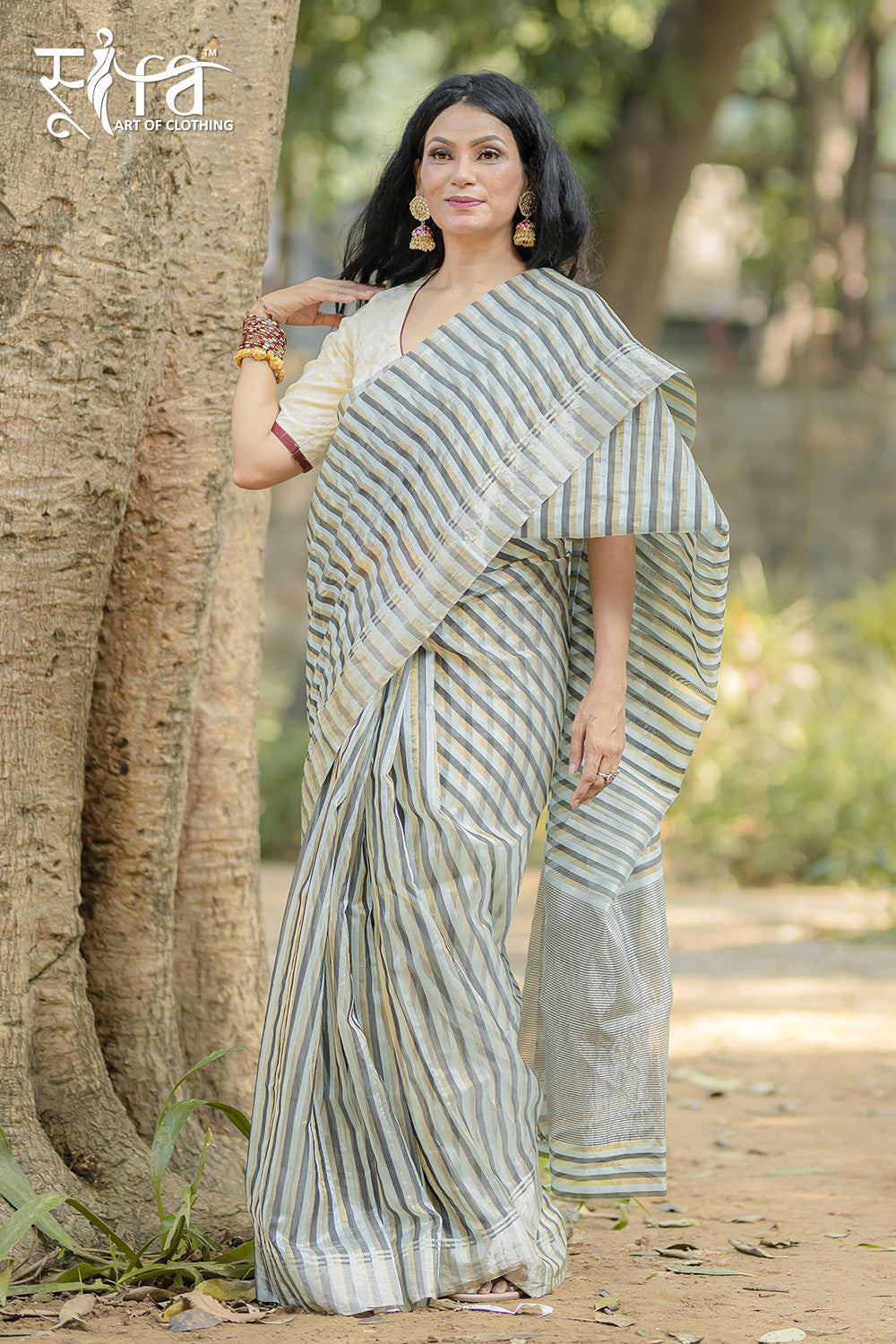 Handloom Gold & Silver Stripes Katan Silk Chanderi Saree