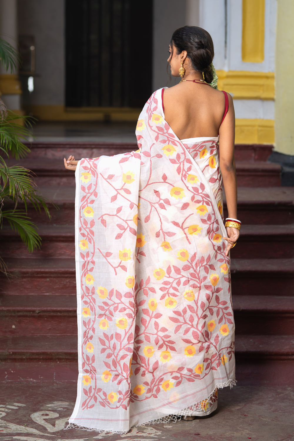 Handloom White & Red Pure Cotton Yellow Floral Motifs Jamdani Saree