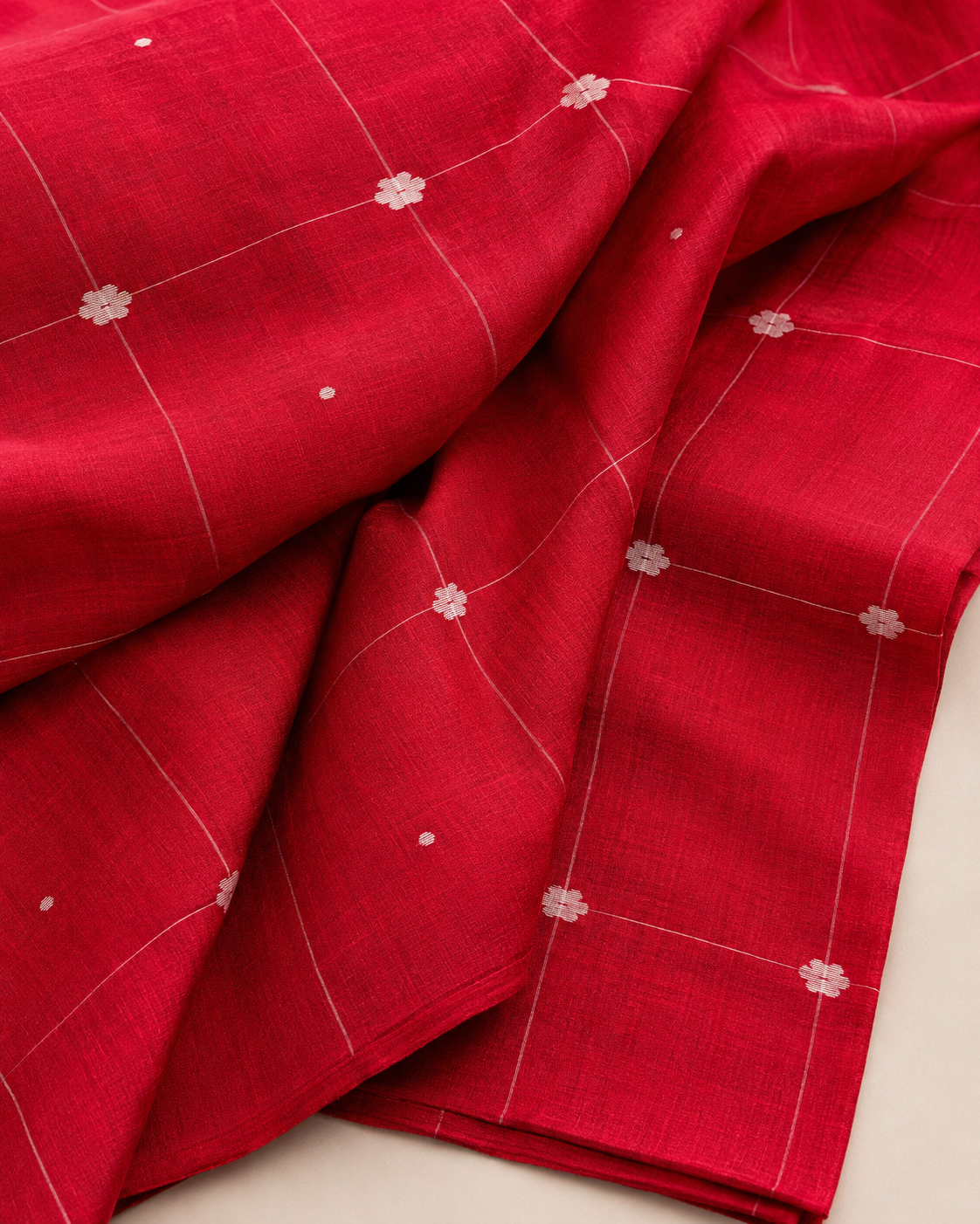 Crimson Red Check Pure Cotton Jamdani Top