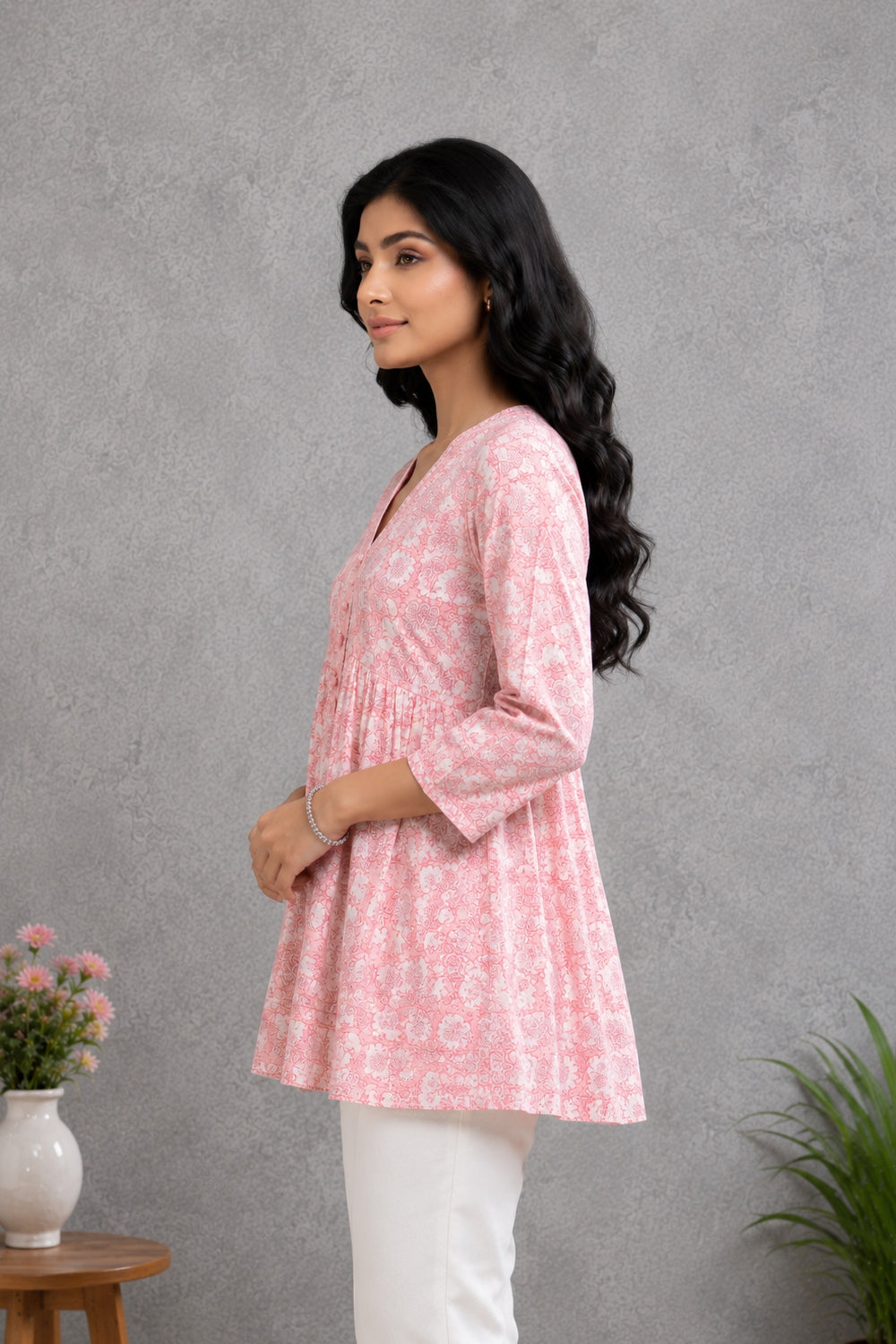 Pink Floral Printed Gathered Tunic Top