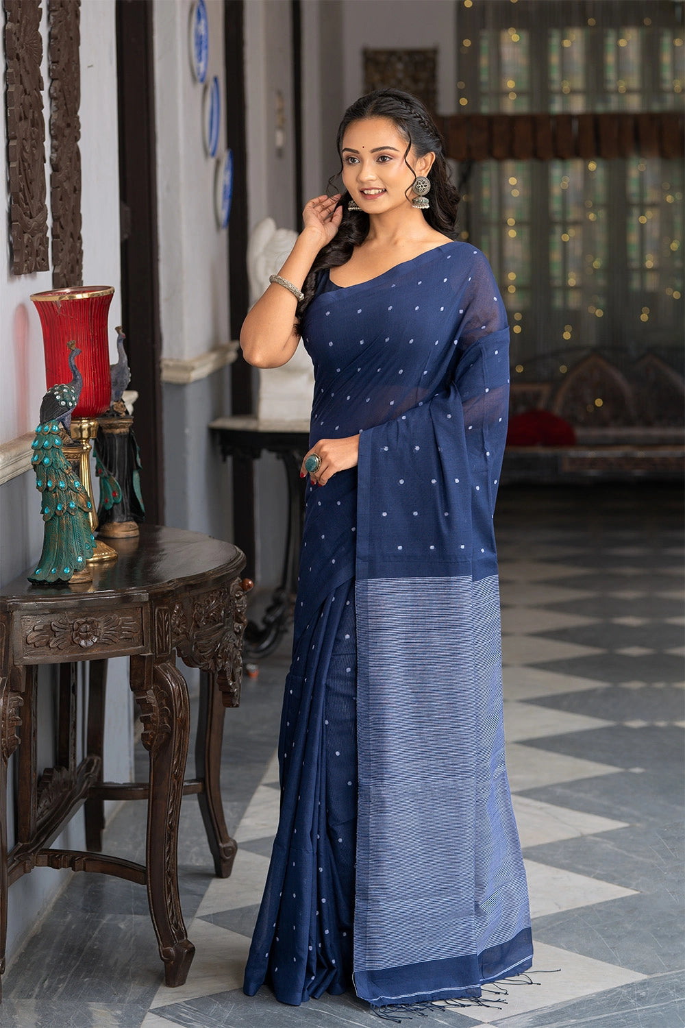 Handloom Blue Pure Cotton Polka Jamdani Saree