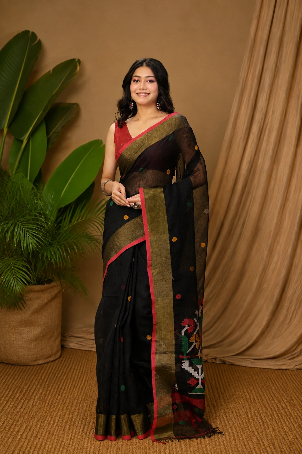 Handloom Black Pure Linen Zari Jamdani Saree