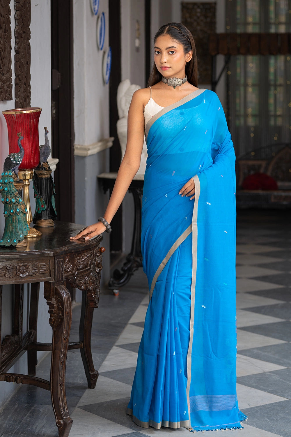 Handloom Firozi Blue Soft Cotton Jamdani Saree