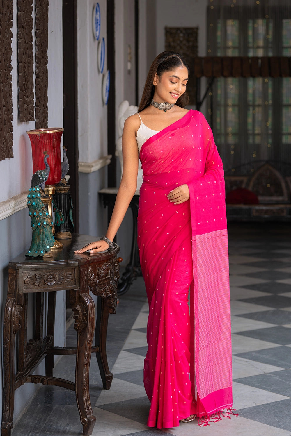 Handloom Pink Pure Cotton Polka Jamdani Saree