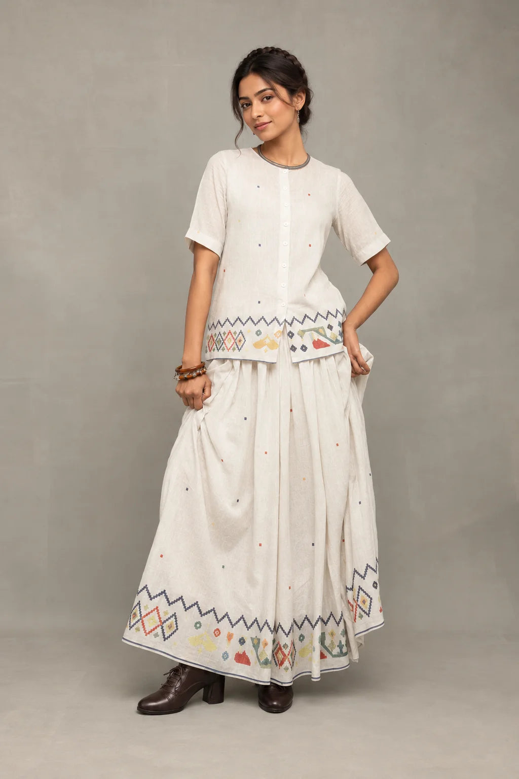 Off-White Folk Motif Jamdani Skord Set