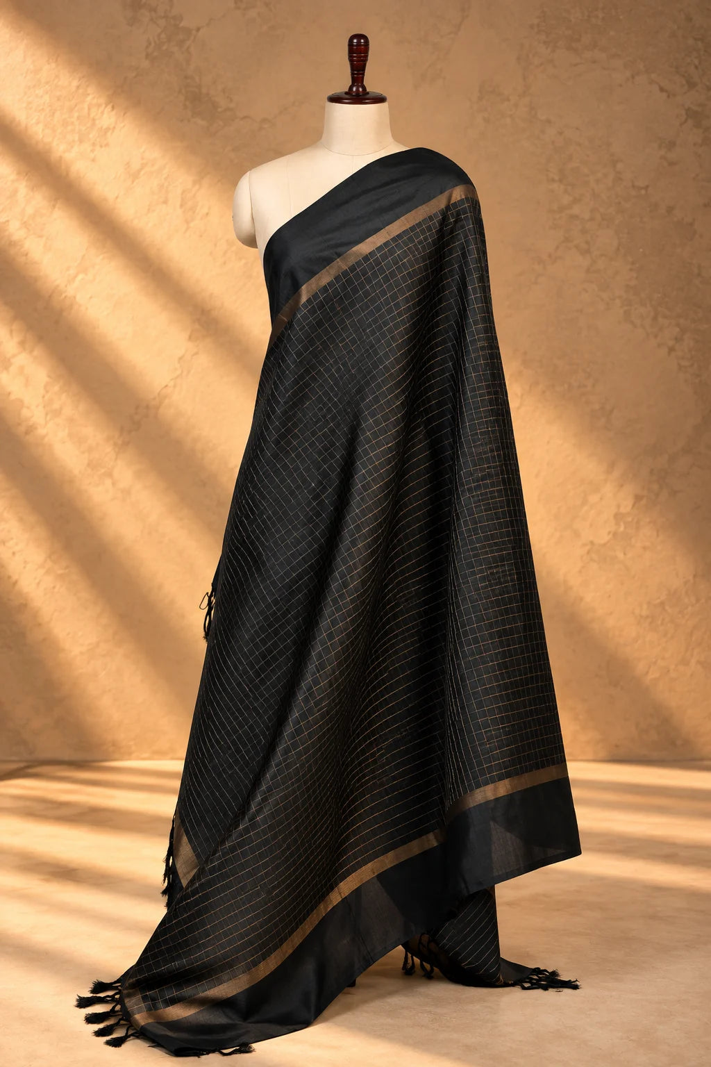 Black Kanjivaram Pure Silk Zari Checks Dupatta-Sutra Art of Clothing
