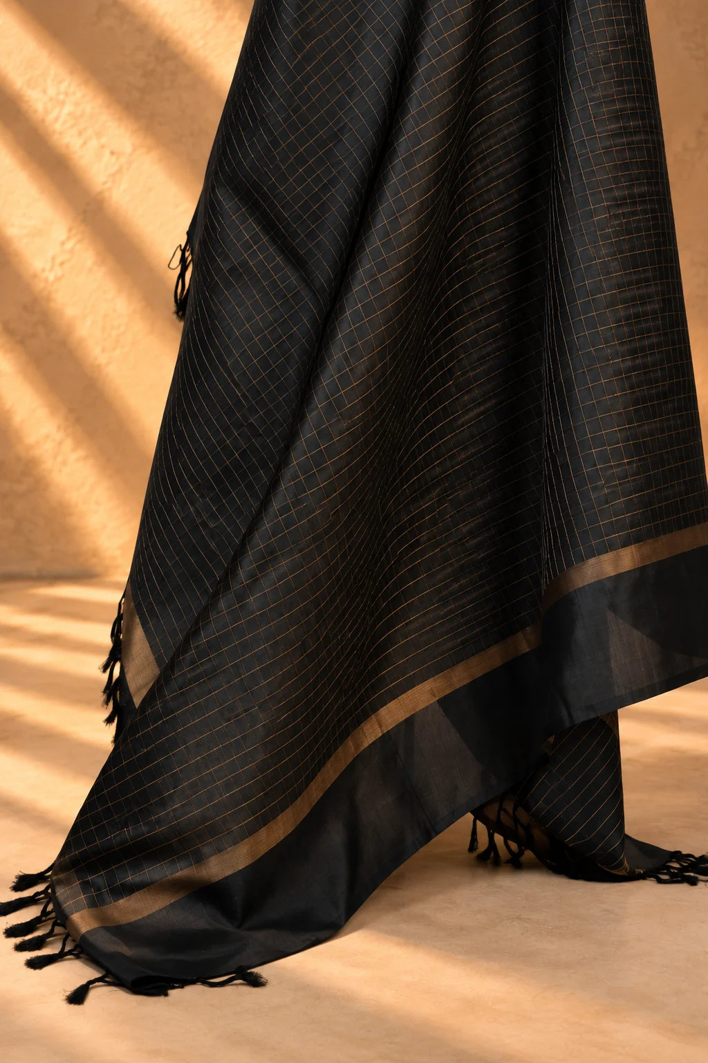 Black Kanjivaram Pure Silk Zari Checks Dupatta-Sutra Art of Clothing