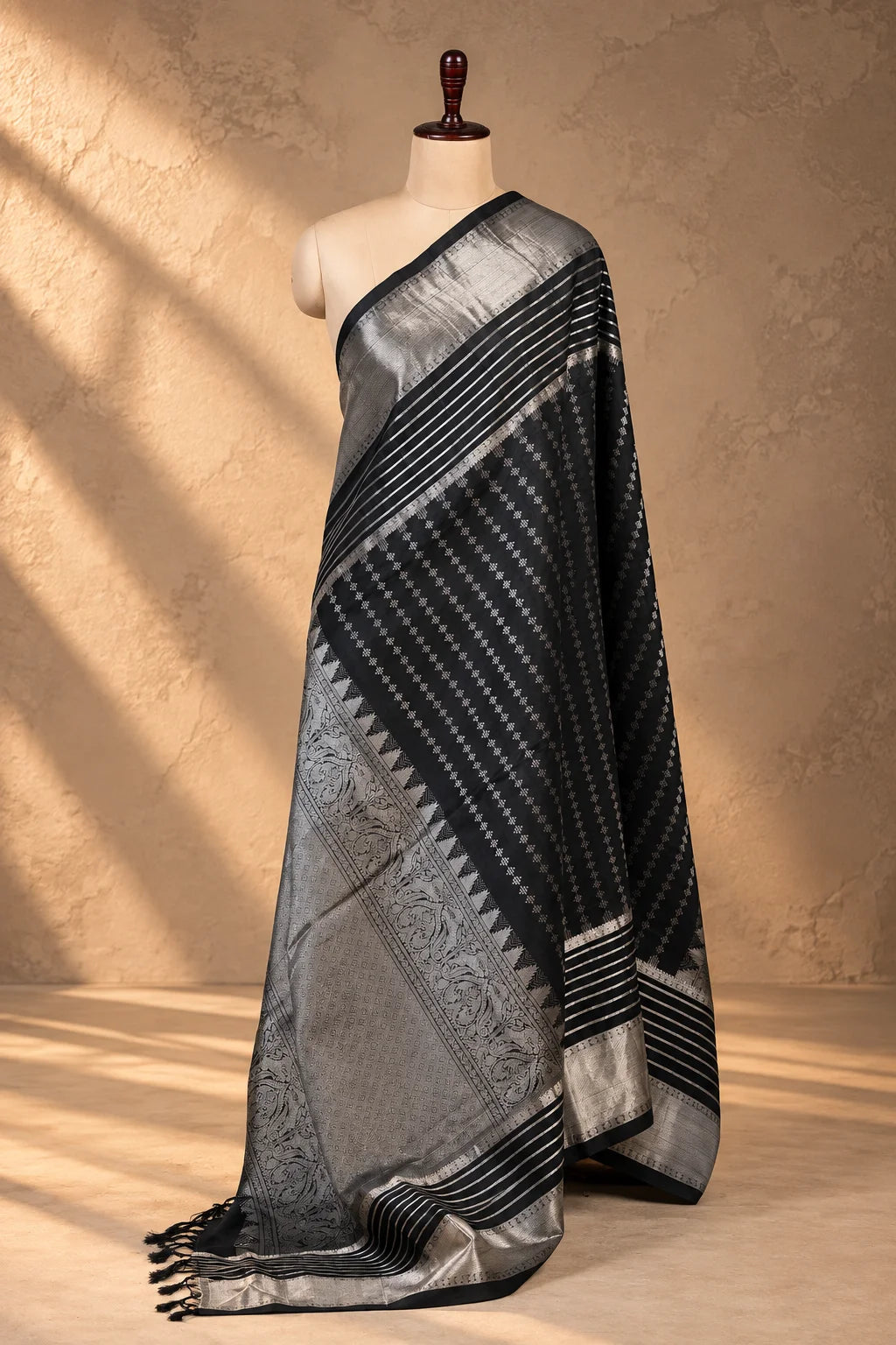 Black Kanjivaram Pure Silk Silver Zari Dupatta-Sutra Art of Clothing