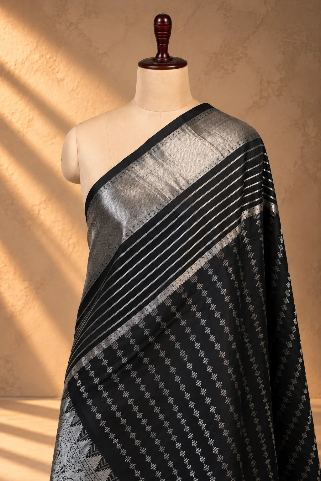 Black Kanjivaram Pure Silk Silver Zari Dupatta-Sutra Art of Clothing