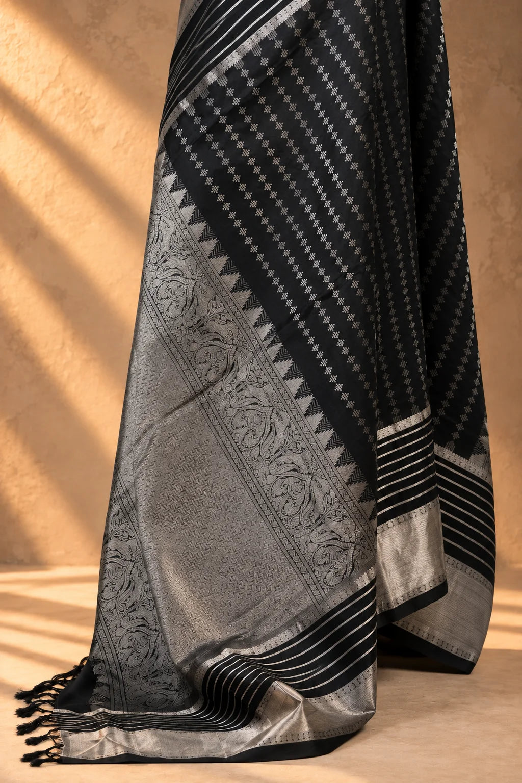 Black Kanjivaram Pure Silk Silver Zari Dupatta-Sutra Art of Clothing