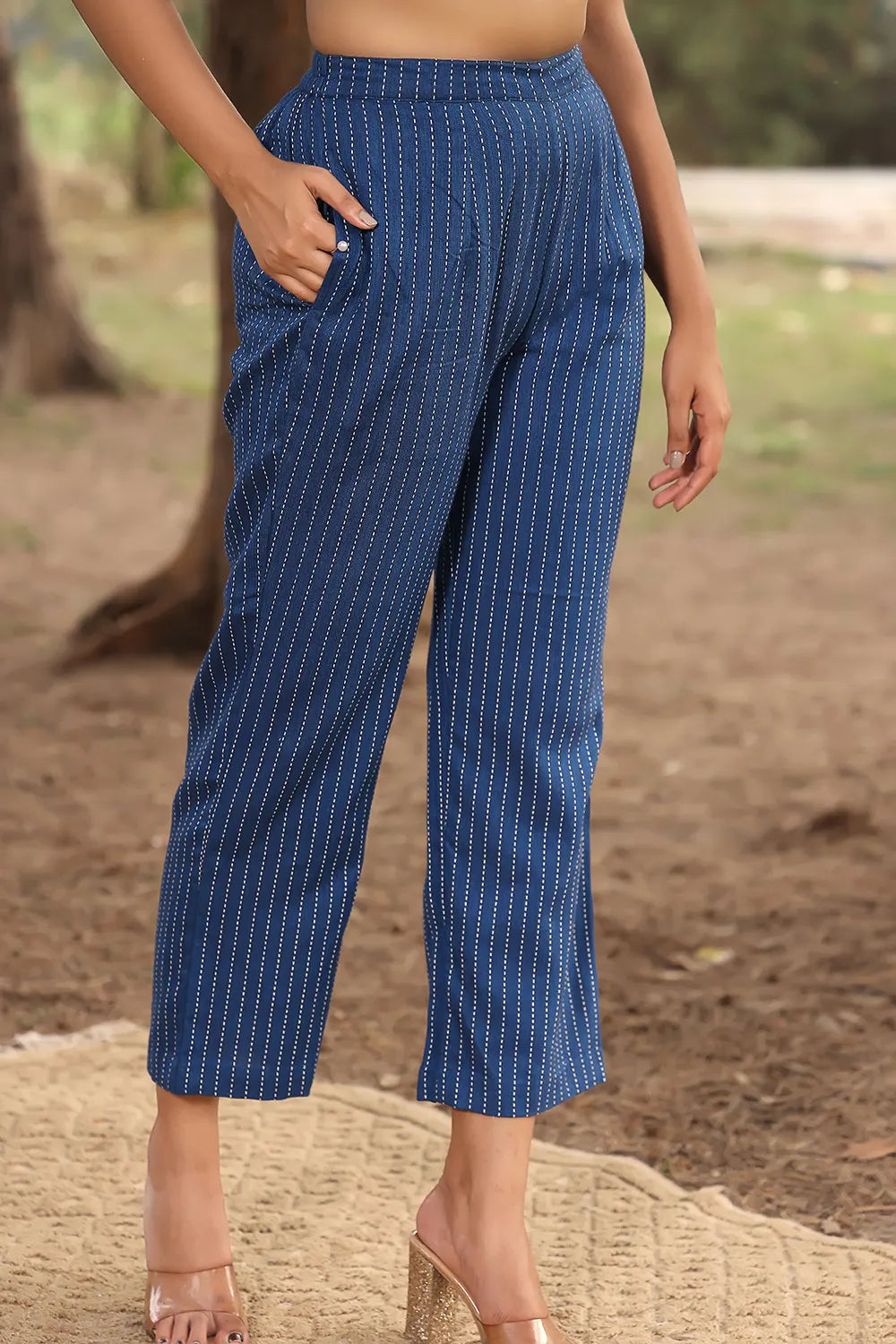 Blue Pure Cotton Woven Strip Pant