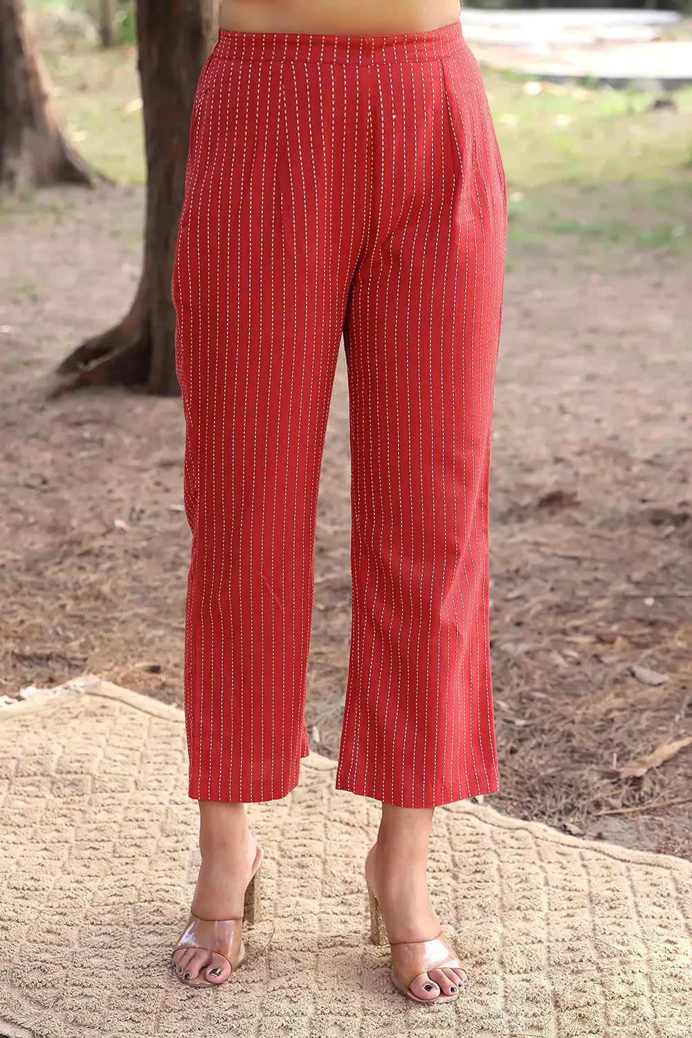 Brick Red Pure Cotton Woven Strip Pant