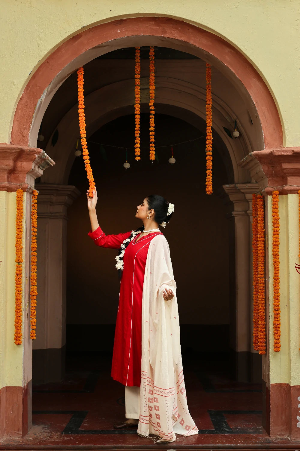 Red and White Jamdani Pujo Kurta Set With Dupatta
