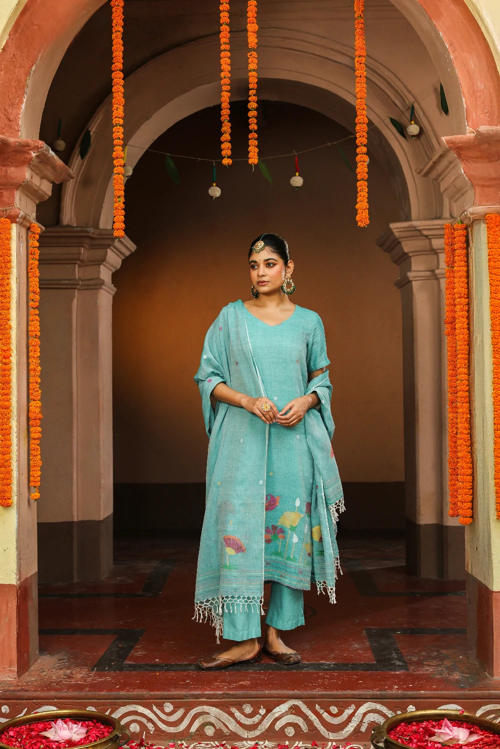 Handloom Green Pure cotton Jamdani Kurta Set With Dupatta