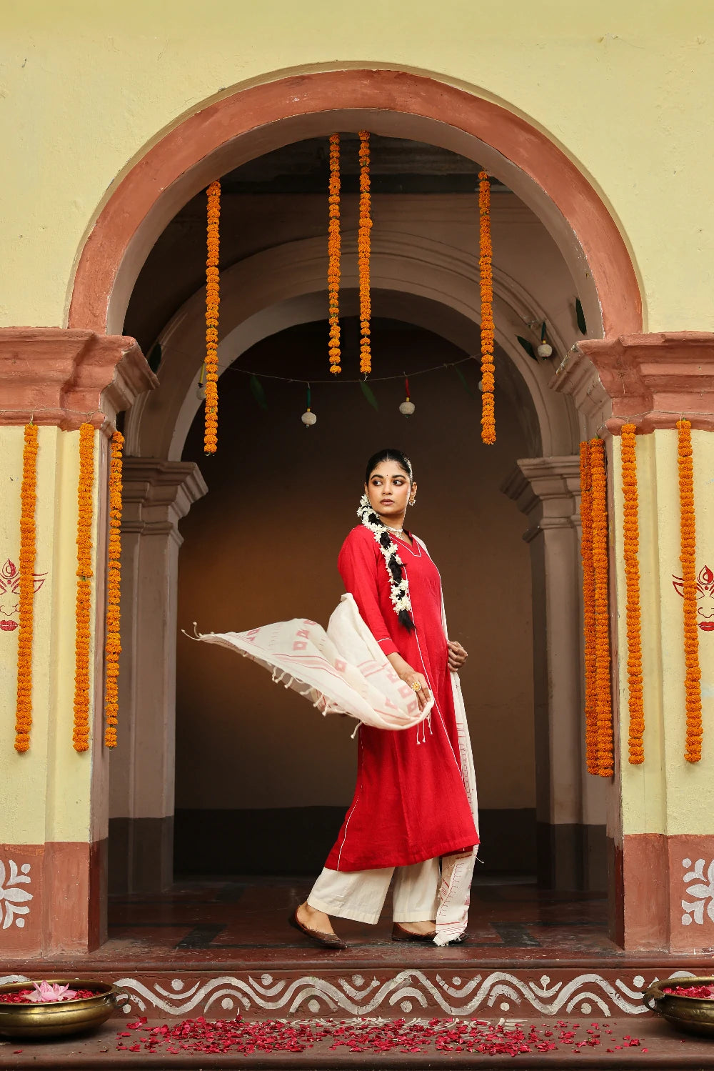 Red and White Jamdani Pujo Kurta Set With Dupatta