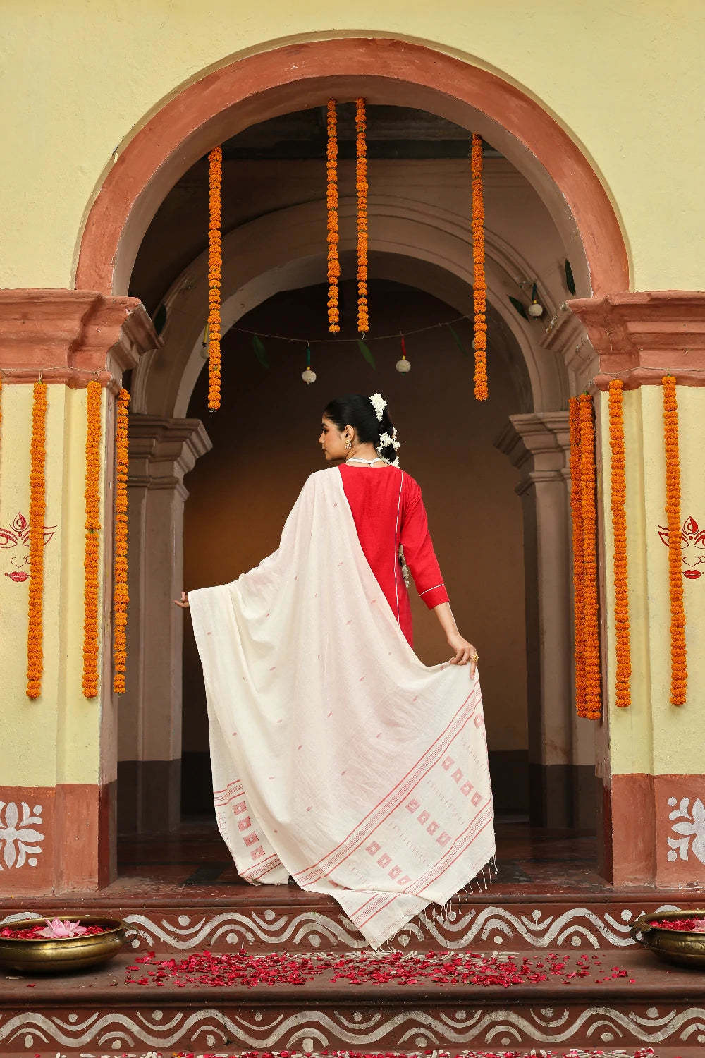 Red and White Jamdani Pujo Kurta Set With Dupatta